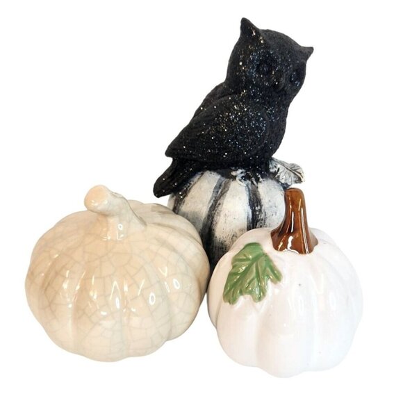 Pumpkins & Glittered Owl Set of 3,  6.5" H Fall Halloween Decor - Picture 1 of 9